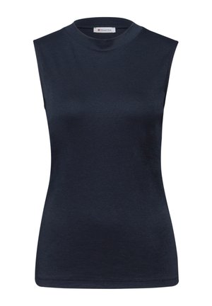 Ärmelloses, tailliertes, marineblaues Oberteil mit Stehkragen, aus glattem Stoff, innen am Halsausschnitt mit "Street One" beschriftet.
