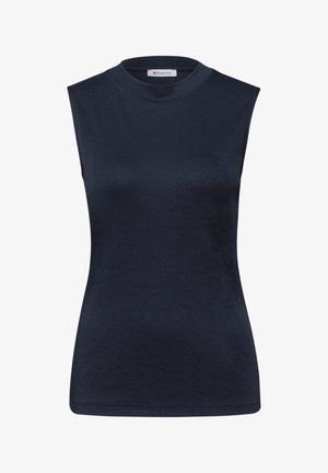 Ärmelloses, tailliertes, marineblaues Oberteil mit Stehkragen, aus glattem Stoff, innen am Halsausschnitt mit "Street One" beschriftet.