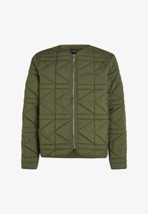 Olivengroen doorgestikt jack met geometrische patronen, ritssluiting aan de voorkant en "KARL LAGERFELD" geborduurd op de linkerborst.