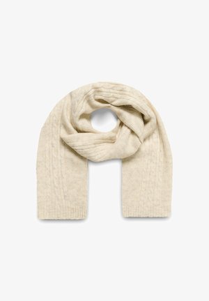 Sciarpa lavorata a maglia di colore crema, caratterizzata da un motivo a trecce, texture morbida e estremità a coste, progettata per calore e comfort.