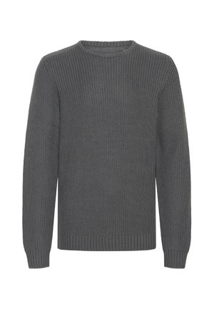 Suéter gris de punto con cuello redondo, mangas largas y puños y dobladillo acanalados. Tejido texturizado con un corte holgado y color sólido.