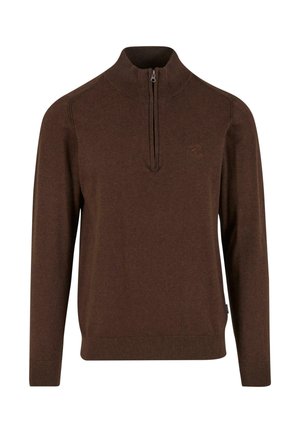 Brauner Pullover mit hohem Kragen und Viertelreißverschluss, gefertigt aus einem weichen Strickmaterial; verfügt über lange Ärmel und gerippte Bündchen und Saum.