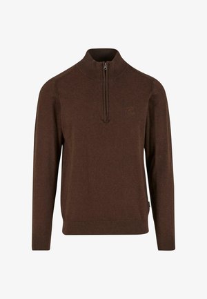 Rudas megztinis su aukštu apykakle ir ketvirtadaliu užtrauktuku, pagamintas iš minkštos mezginio medžiagos; turi ilgas rankoves ir rausvas rankogalius bei apatinę dalį.