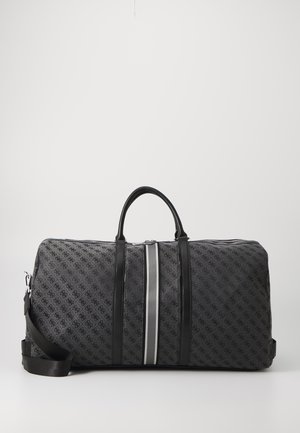 Zwarte duffelbag met een gestructureerd grijs patroon, voorzien van leren handvatten, een afneembare schouderriem en een zilveren lijn detail.