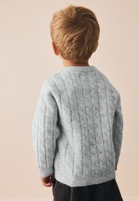 Pull bleu clair texturé avec un motif en torsades, doté d'un col rond et de poignets côtelés, porté avec un pantalon en velours côtelé foncé.