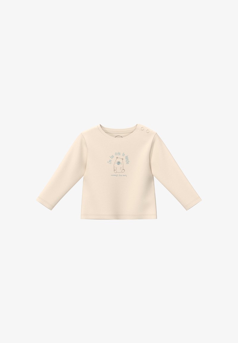 Kremowa koszula z długim rękawem z miękkiego materiału z zapięciem na ramiączkach. Posiada nadrukowany wzór z uroczą postacią i tekstem z przodu.