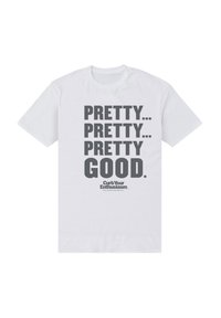 Hvid bomulds t-shirt med stort gråt tekst, der læser "PRETTY... PRETTY... PRETTY GOOD." og "Curb Your Enthusiasm" logoet nederst.