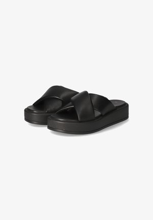 Mustat platform-sandaalit ristikkäisillä remmeillä, valmistettu sileästä synteettisestä materiaalista. Ominaisuuksiin kuuluu pyöristetty kärki ja pehmustettu pohjallinen mukavuutta varten.