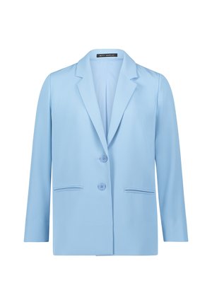 Hellblaues Damenblazer mit Stegkragen, zwei Knöpfen und zwei vorderen Leistentaschen, auf weißem Hintergrund dargestellt.