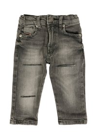 Jeans per bambini grigi usurati con cintura elastica, bottone anteriore e tasche.