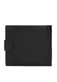 Portafoglio in pelle nera, forma rettangolare, superficie texturizzata, con una piega visibile e una piccola chiusura con strap sul lato.