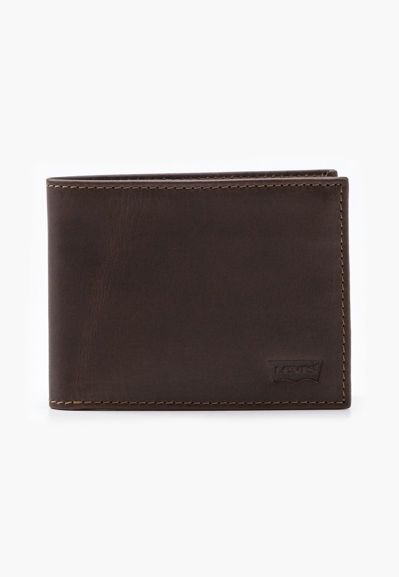 Brown leather wallet with contrasting stitching and a textured surface. Features a subtle embossed logo on the bottom right corner.