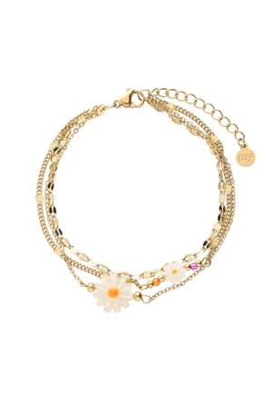 Bransoletka z wielowarstwowym łańcuszkiem w złotym odcieniu, z dwoma białymi zawieszkami stokrotek oraz małymi kolorowymi koralikami, z zapięciem typu karabińczyk i regulowanym przedłużeniem łańcuszka.