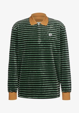 T-shirt à manches longues à rayures vertes et noires, avec un col zippé en accent marron, fabriqué dans un matériau doux et pelucheux. Logo sur la poitrine.