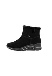 Bottes noires à la cheville en daim avec un doux col en fausse fourrure, dotées d'une semelle compensée et d'une semelle texturée pour une bonne adhérence.