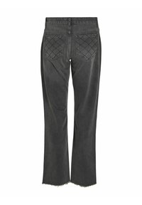 Jeans de denim gris con corte acampanado, con dobladillo deshilachado y detalles de bolsillo acolchados. Dos bolsillos traseros con patrones de diamante.