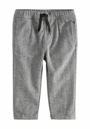 Grå bukser med fiskebenmønster, elastisk talje med sort snøre, indsnævrede ben og sidelommer.
