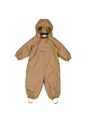 Kamelowy pikowany kombinezon zimowy dla niemowląt z kapturem, przednią kieszenią na piersi, elastycznymi mankietami i paskami na kostki dla pewnego dopasowania.
