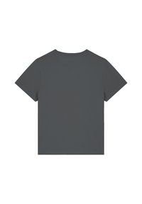 Kurzarm-T-Shirt in Dunkelgrau, Rundhalsausschnitt, flache Nähte, aus weichem Stoff, ohne sichtbare Logos oder Muster, normale Passform, schlichte Rückansicht.