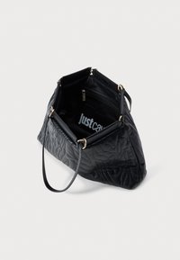 Black quilted handbag made of synthetic material, featuring gold-tone hardware, a spacious interior with a zipped pocket, and a single shoulder strap.