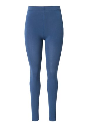 Leggings blu a vita alta, lunghi fino ai piedi, in un tessuto morbido e elasticizzato, senza motivi o logo visibili.