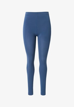 Leggings blu a vita alta, lunghi fino ai piedi, in un tessuto morbido e elasticizzato, senza motivi o logo visibili.