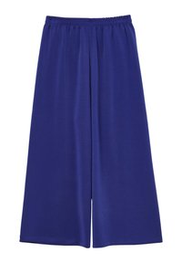 Culottes blu, fino al ginocchio, realizzati in tessuto leggero. Presentano una vita elasticizzata e una superficie liscia senza motivi o dettagli visibili.