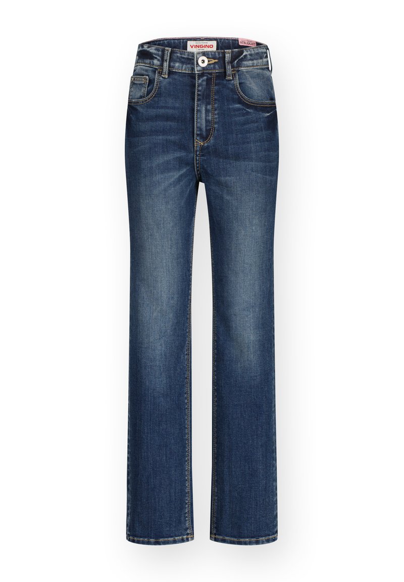 Jeans a gamba dritta in denim blu scuro. Presentano cinque tasche, un leggero sbiadimento e cuciture rinforzate alle giunture. Chiusura a bottone e zip.