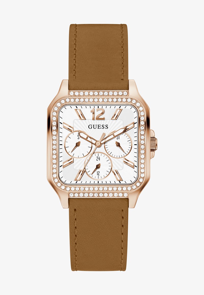 Vierkante polshorloge met roségouden kast, witte wijzerplaat, drie sub-dials en kristalaccenten. Bruine leren band met stiksel details.