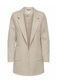 Světle béžový blazer s herringbone vzorem, se zářezovými klopami, dvěma předními kapsami a otevřeným předním designem. Hladká tkanina, přiléhavý střih.