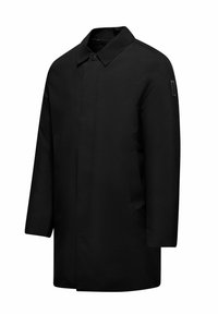 Cappotto in nylon nero con colletto, chiusura frontale con bottoni e due tasche laterali. Presenta una silhouette dritta e una finitura testurizzata.