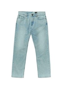 Jeans de mezclilla azul claro con un diseño de pierna recta, cinco bolsillos y cierre de botón. Presentan un desgaste sutil y acentos de costura en contraste.