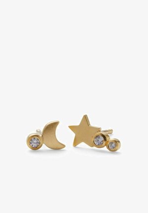Boucles d'oreilles en or en forme de croissant de lune et d'étoile, chacune ornée de petits pierres précieuses claires.