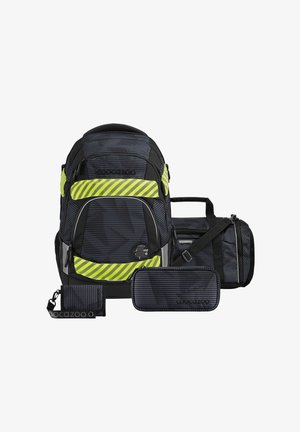 Black and navy striped backpack with reflective yellow accents, accompanied by a matching pencil case and wallet, featuring durable materials and hardware.
