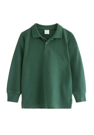 Polo a maniche lunghe in cotone verde scuro, con colletto, patta con bottoni e polsini a costine con spacchetti all'orlo.