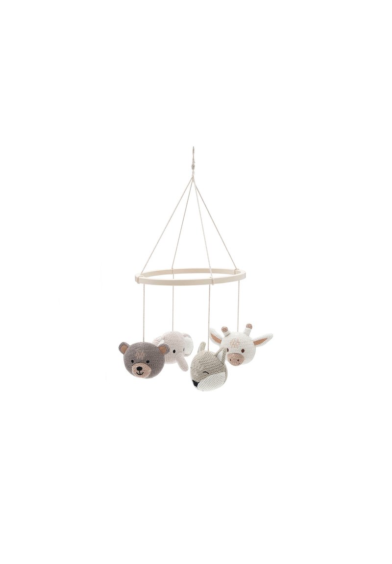 Wooden mobile featuring four crocheted animal heads: bear, sheep, rabbit, and goat, in neutral colors with textured patterns and stitched details.