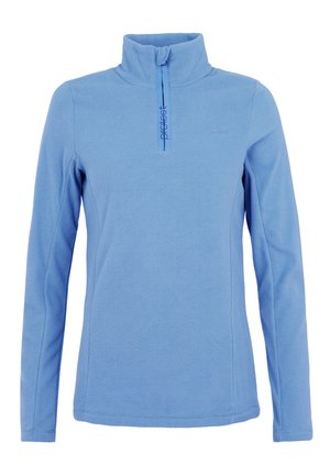 Sudadera de forro polar azul claro con cuello con cremallera, que cuenta con mangas largas y una textura suave. Logotipo "Protest" bordado en la parte delantera.