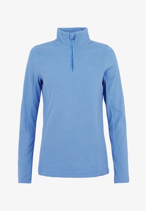 Lichtblauwe fleece pullover met een ritssluiting bij de kraag, voorzien van lange mouwen en een zachte textuur. 'Protest' logo geborduurd aan de voorkant.