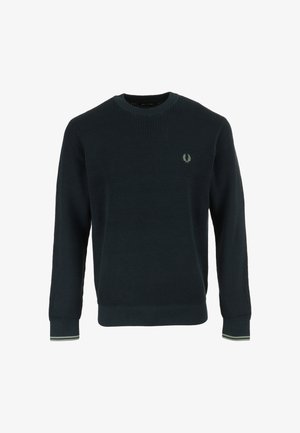 Marineblå waffle-strikket sweater med rund halsudskæring, ribbede manchetter og kant, der har et lille broderet logo på brystet.