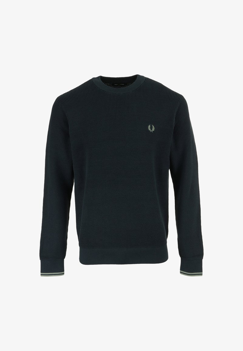 Navy-blauer Waffle-Strickpullover mit Rundhalsausschnitt, gerippten Bündchen und Saum, mit einem kleinen gestickten Logo auf der Brust.