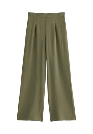 Olive green, wide-leg trousers with a smooth texture, featuring pleats at the front and an elasticated waistband.