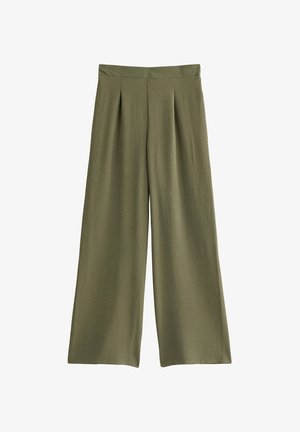 Olive green, wide-leg trousers with a smooth texture, featuring pleats at the front and an elasticated waistband.