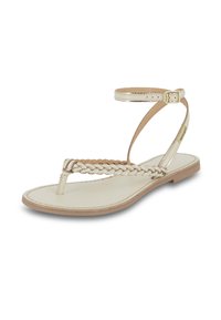 Gold braided flat sandals feature a toe post and an adjustable ankle strap, set on a light-colored sole with a smooth finish.