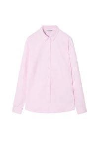 Chemise rose à manches longues, en tissu lisse, avec un col pointu et une fermeture à boutons standard le long de la patte de boutonnage.