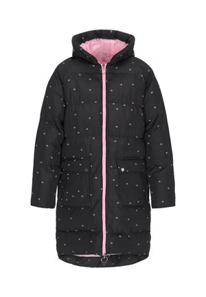 Schwarze Pufferjacke mit pinkem Futter, floralem Muster, zwei Fronttaschen und einem durchgehenden Reißverschluss. Verfügt über eine Kapuze und herzförmige Hardware-Akzente.