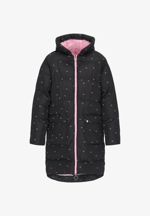 Schwarze Pufferjacke mit pinkem Futter, floralem Muster, zwei Fronttaschen und einem durchgehenden Reißverschluss. Verfügt über eine Kapuze und herzförmige Hardware-Akzente.