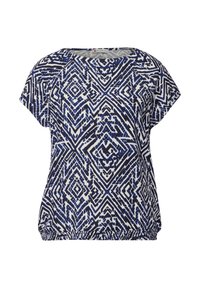 Top azul marino y blanco con un estampado geométrico, mangas cortas y un dobladillo elástico para un efecto fruncido.