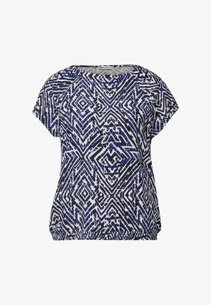 Granatowa i biała bluzka z wzorem, z geometrycznym nadrukiem, krótkimi rękawami oraz elastycznym dołem, który tworzy efekt marszczenia.