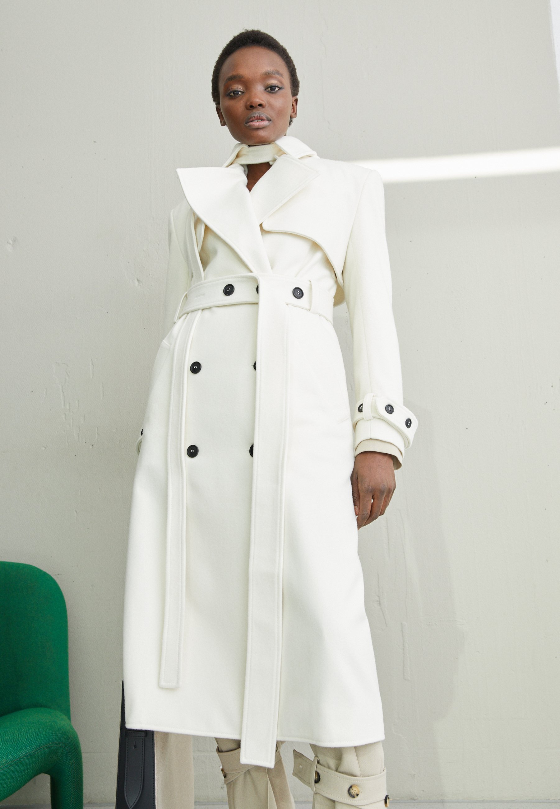 belted white coat