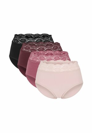 Four high-waist women's panties in black, dark mauve, mauve, and light pink with lace waistbands, arranged diagonally on a white background.